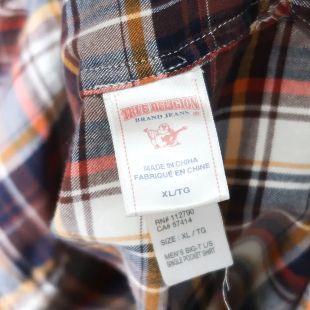 True Religion‎ Mens Button Up Shirt XL Plaid Orange Brown Cowboy Western